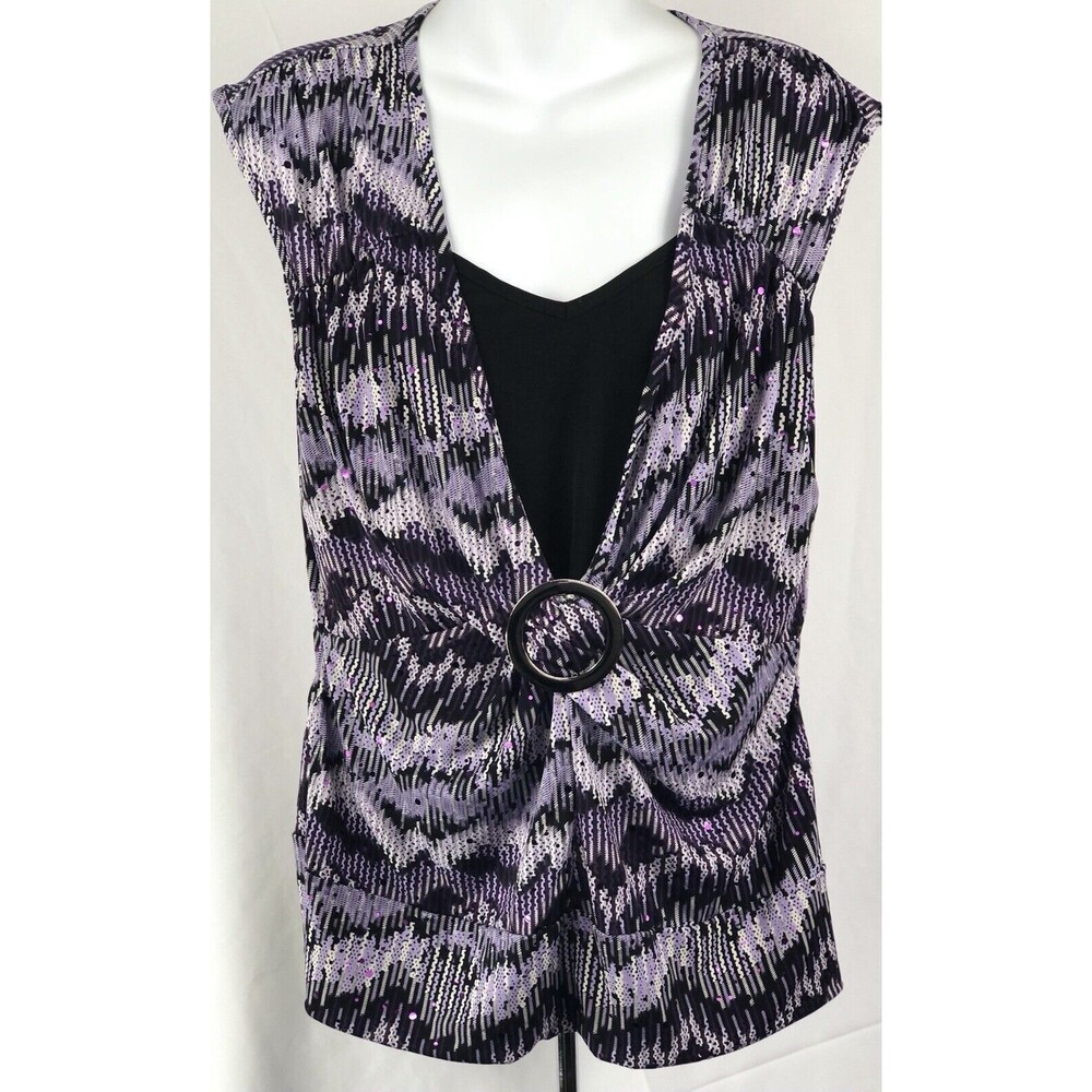 Vintage Sleeveless Inset Top L Purple Geo Mesh Embellished Twist Y2K 90s Grunge